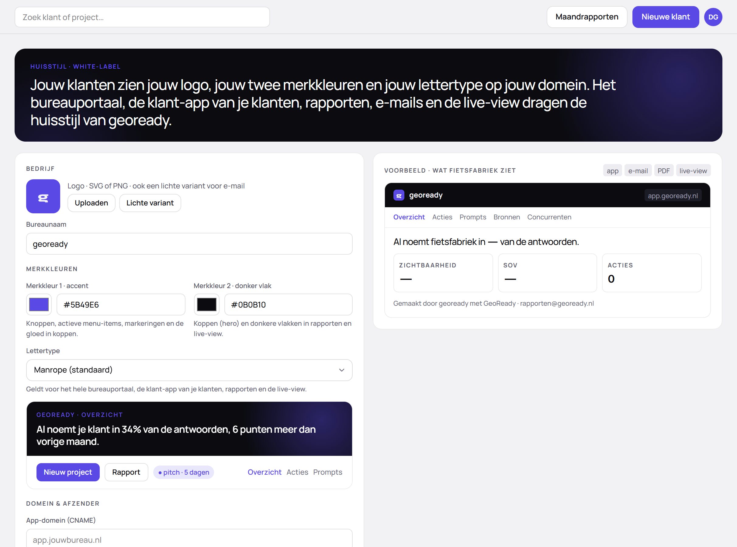 Huisstijl instellen: twee merkkleuren, lettertype, logo en voorbeeld