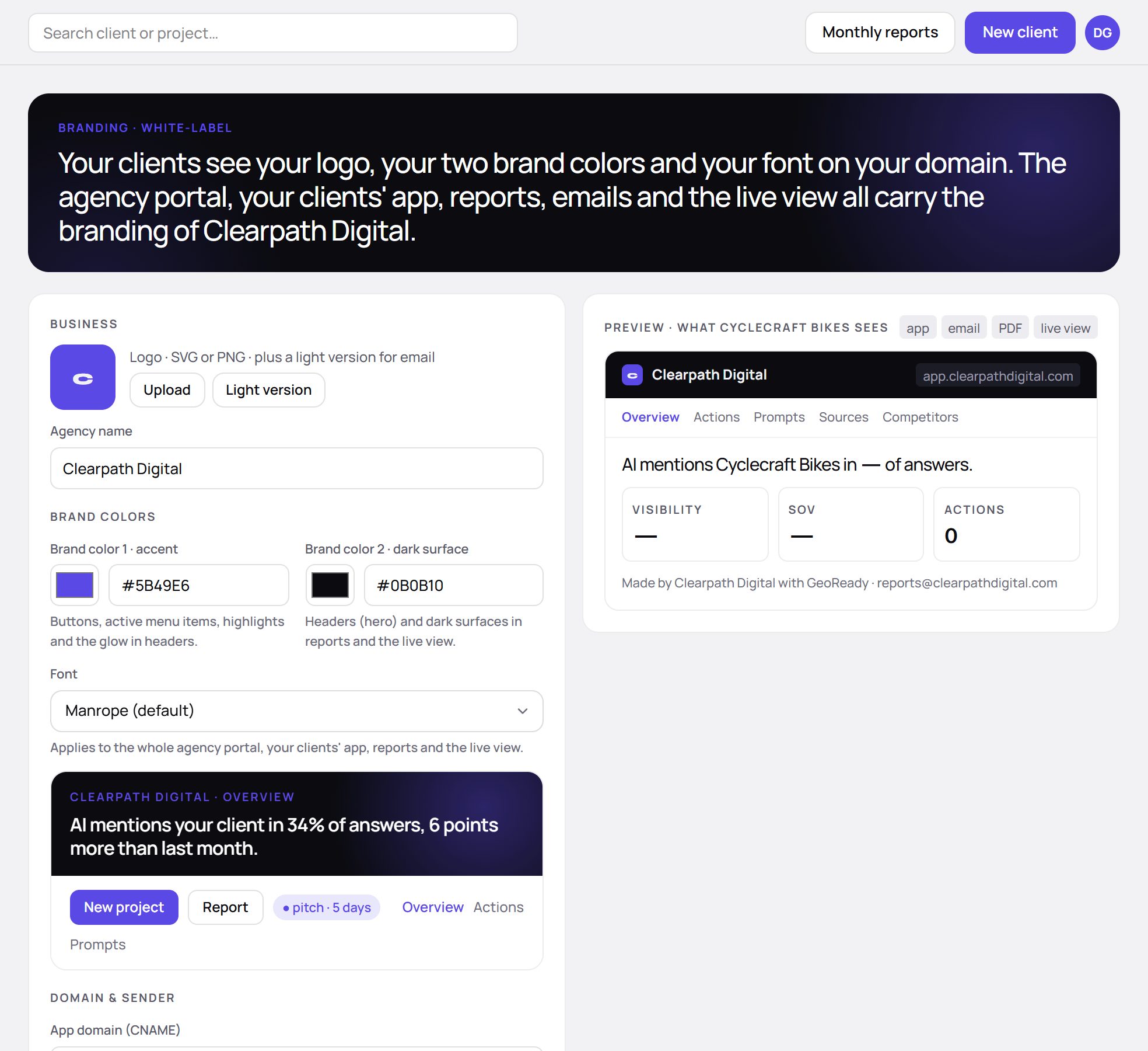 Branding settings: two brand colors, font, logo and preview